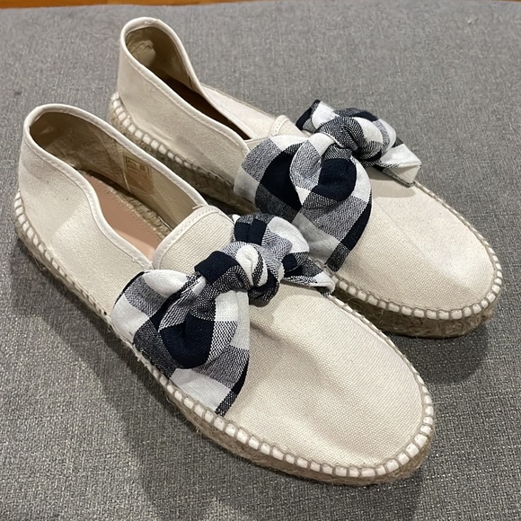 Loeffler Randall Canvas Rowen Beige Gingham Black & White Bow Espadrille - Picture 2 of 14